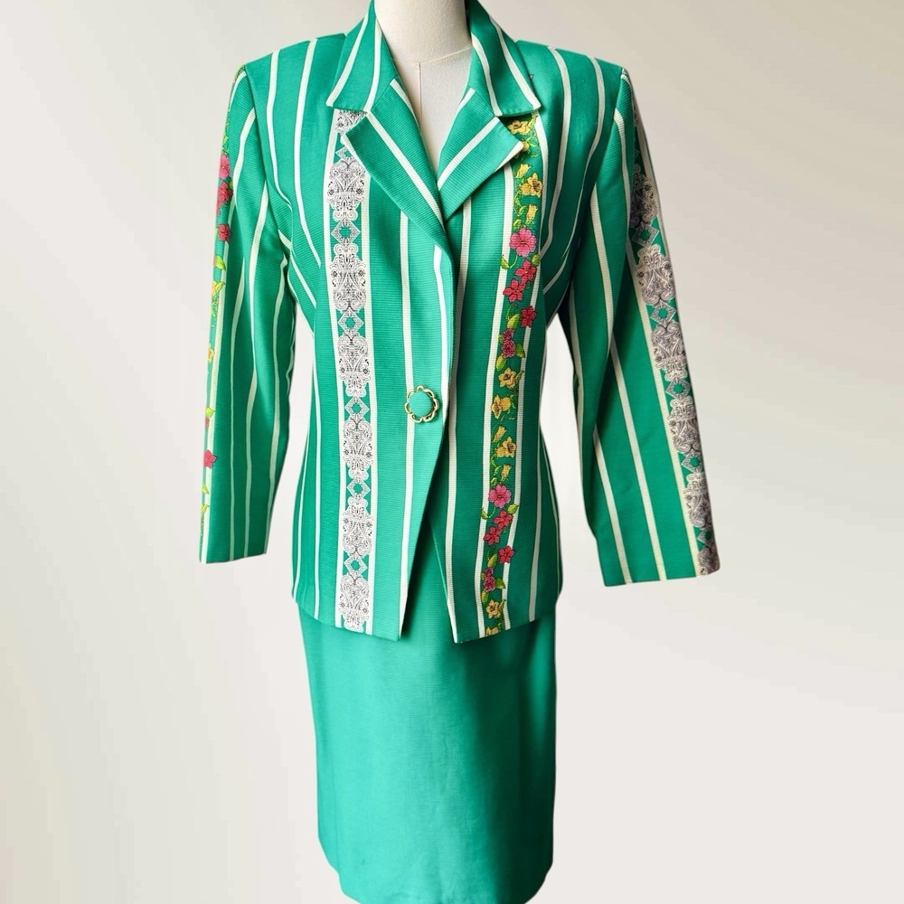 Vintage Anne Crimmins Umi Green Stripe Floral Art Deco Skirt Suit 14